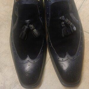 Paul Fredrick navy tassel loafers 9M leather suede italy blake stitch nail heels